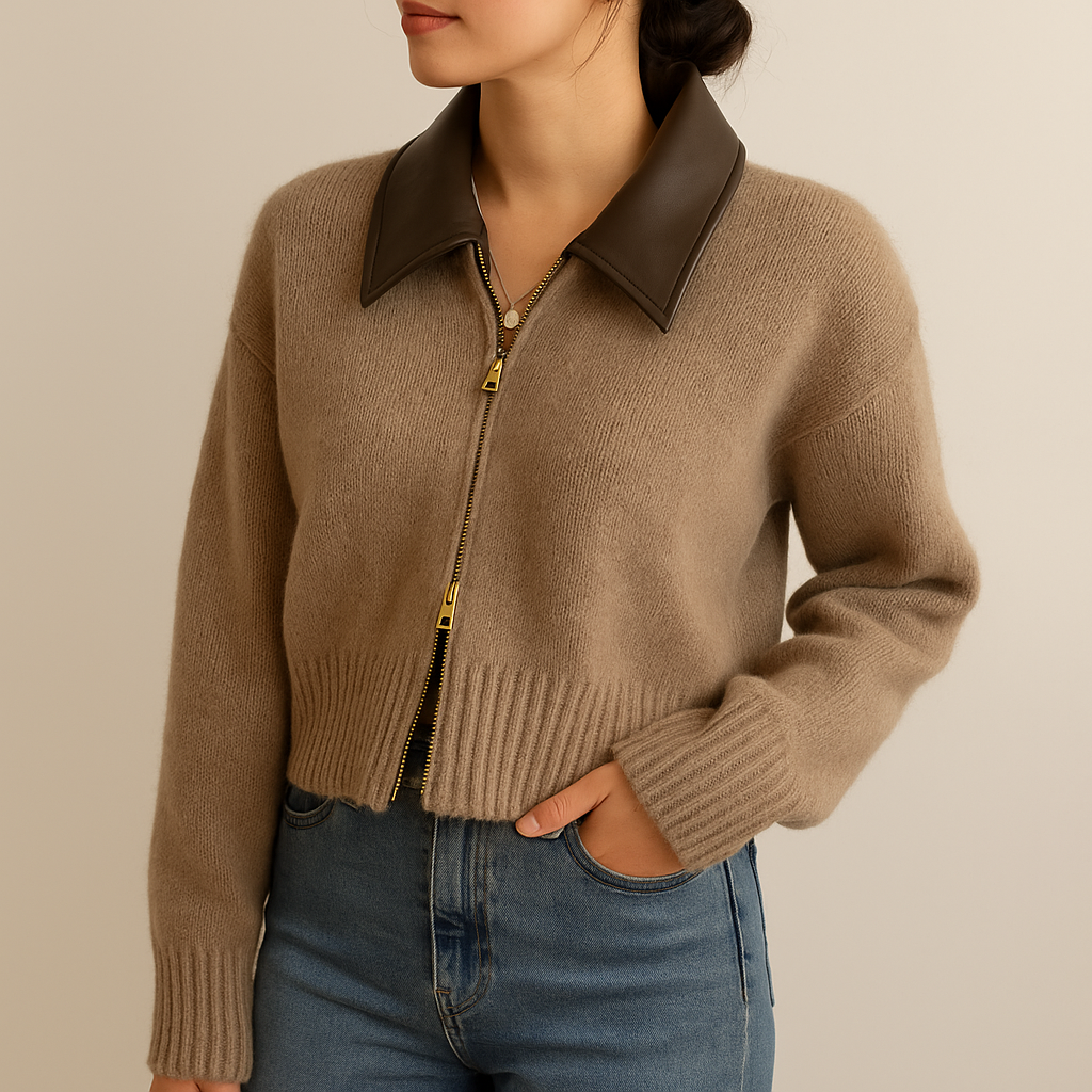 Cardigan corto con zip e colletto in ecopelle | Donna