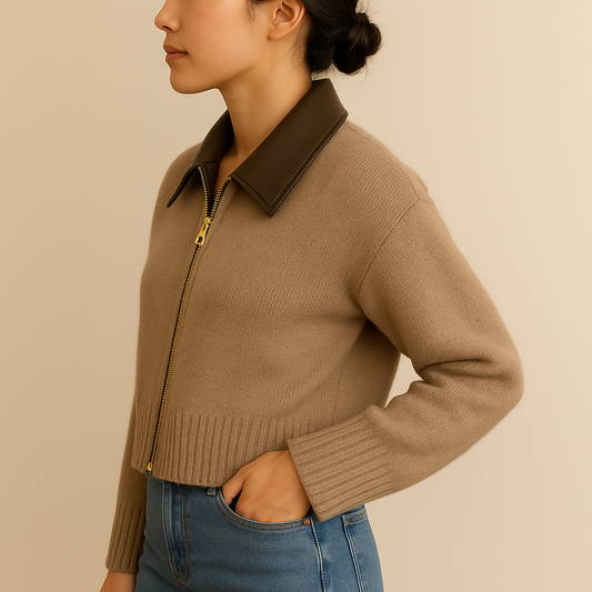 Cardigan corto con zip e colletto in ecopelle | Donna