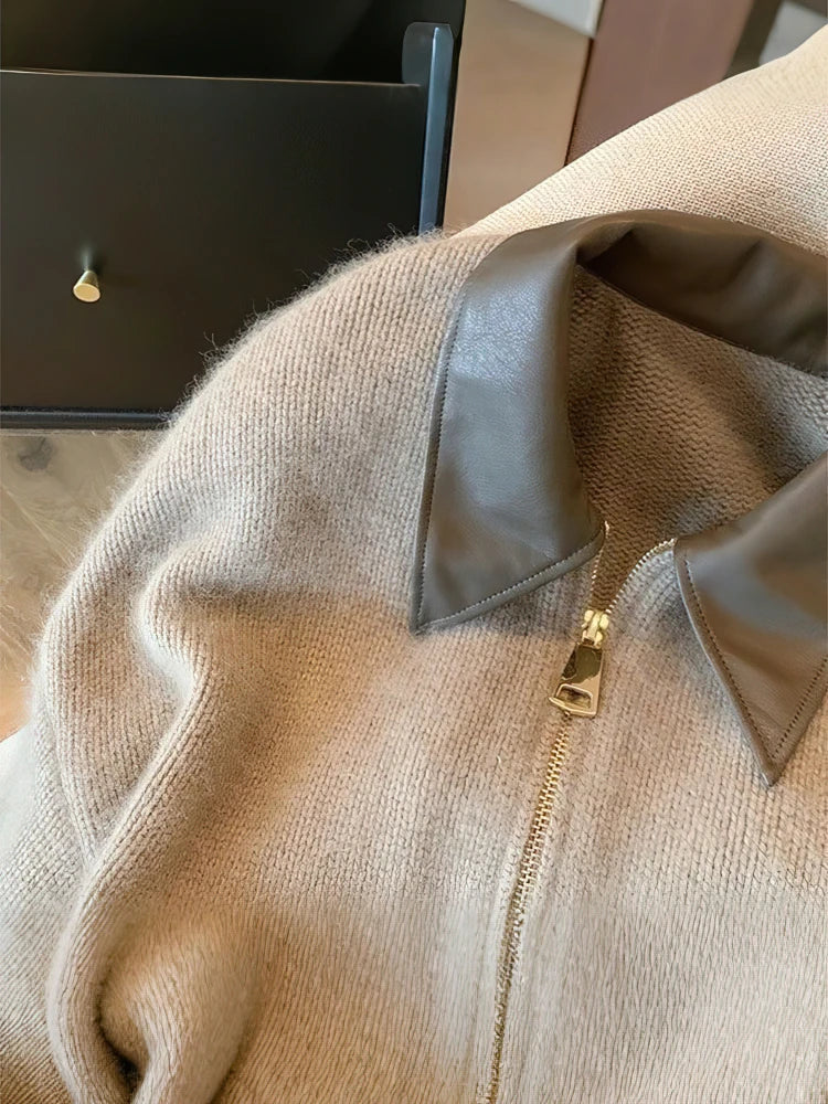 Cardigan corto con zip e colletto in ecopelle | Donna