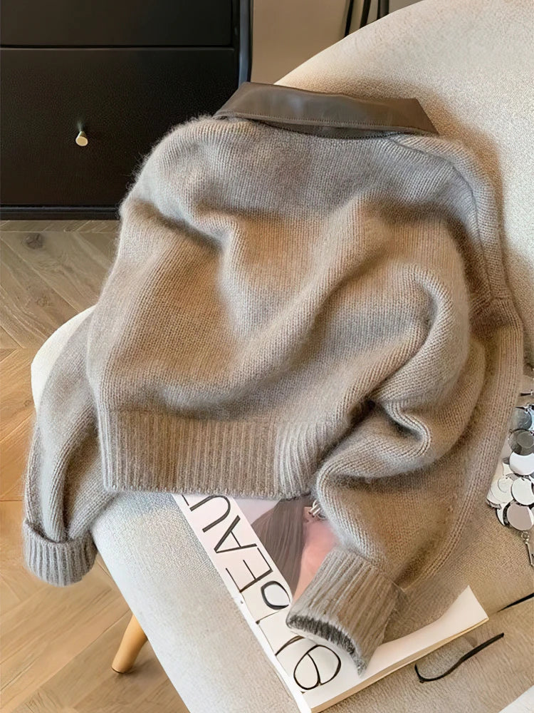 Cardigan corto con zip e colletto in ecopelle | Donna
