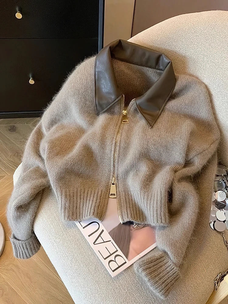 Cardigan corto con zip e colletto in ecopelle | Donna