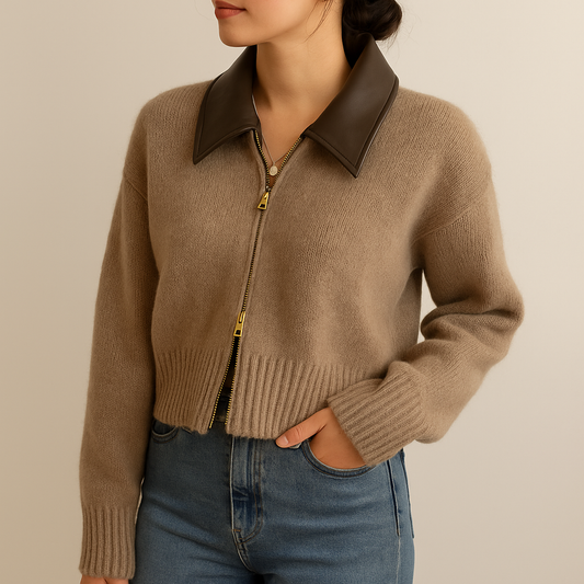 Cardigan corto con zip e colletto in ecopelle | Donna